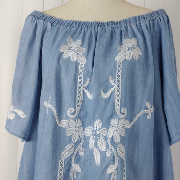 Easel Womens Washed Blue Off-Shoulder Embroidered Tunic Dress. - Picture 6 of 14